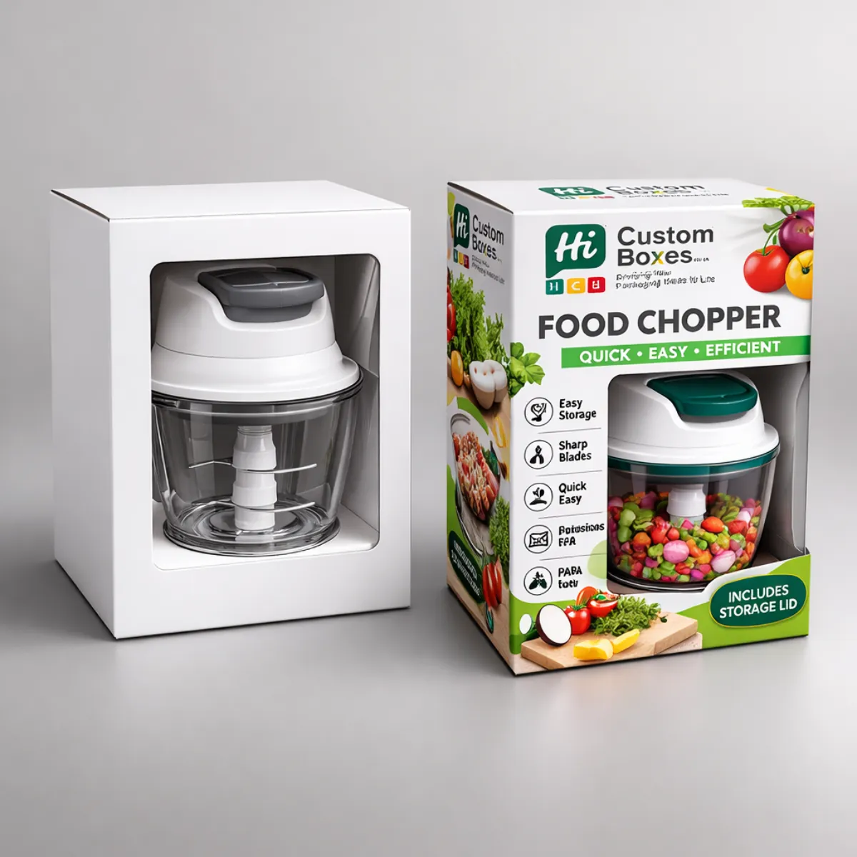 Custom food chopper packaging with a transparent window displaying the product and colourful vegetable graphics. class=